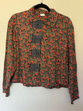 Marla Duran Design Limited Edition Red Gold Artsy Abstract Blouse XS Relaxed